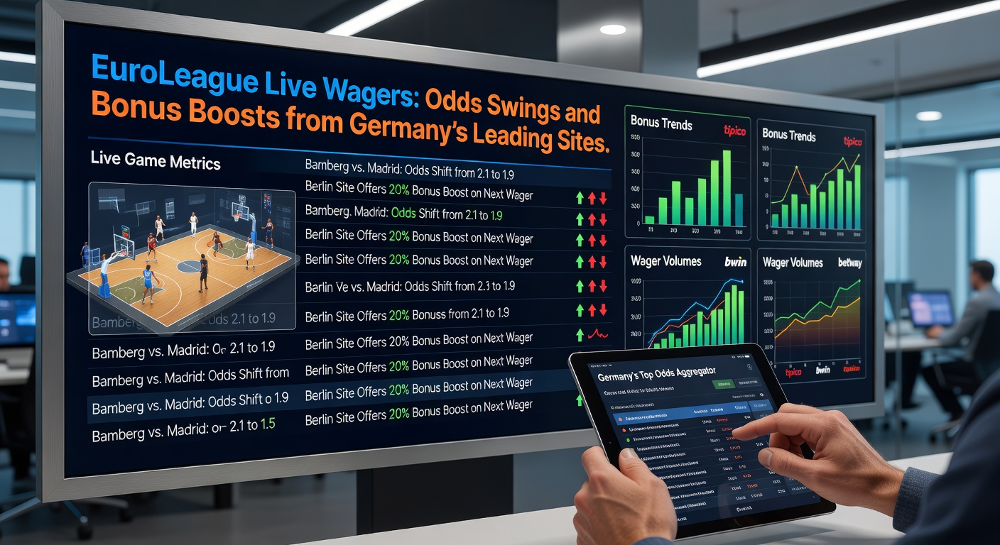 EuroLeague-Spielszene mit Live-Wettquoten auf einem Bildschirm, dynamische Atmosphäre in einer Halle