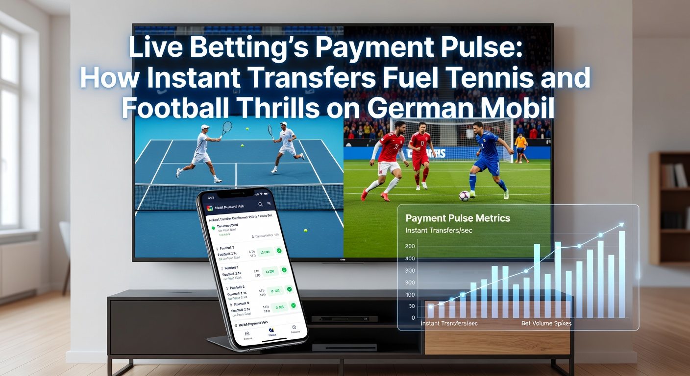 Fußballstadion-Szene mit Mobile-Wetten-Screenshot, der Live-Quoten und Instant-Transfer-Button während eines Torjubels zeigt