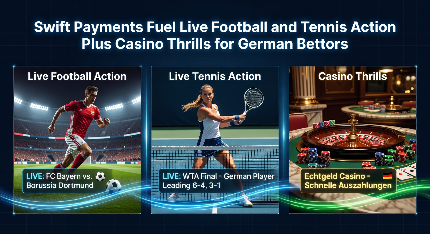 Casino-Slotmaschine mit rotierenden Walzen neben Tennisball und Fußball, illustriert mit Swift-Zahlungssymbolen und deutschen Flaggen